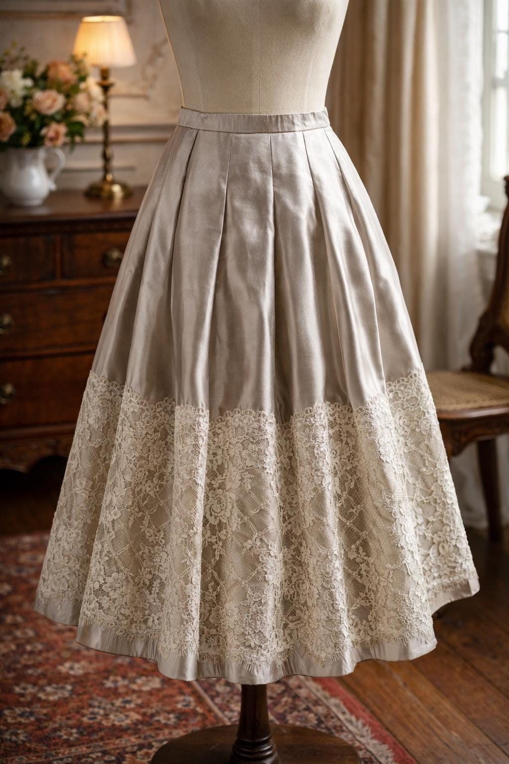 Vintage Champagne Gold Satin Skirt  Pleated Midi with Lace Hem, Small