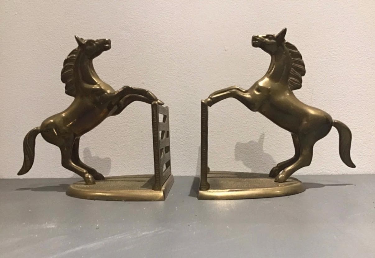 Vintage Brass Horse Bookends  Equestrian Stallion Gate Decor  Ralph Lauren Style Home