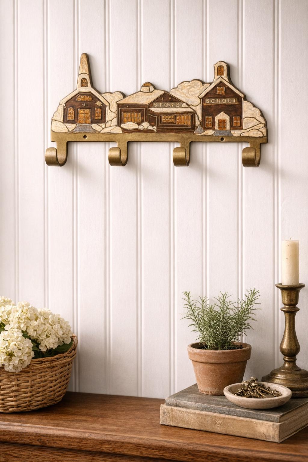 Vintage coat key hook brass enamel
