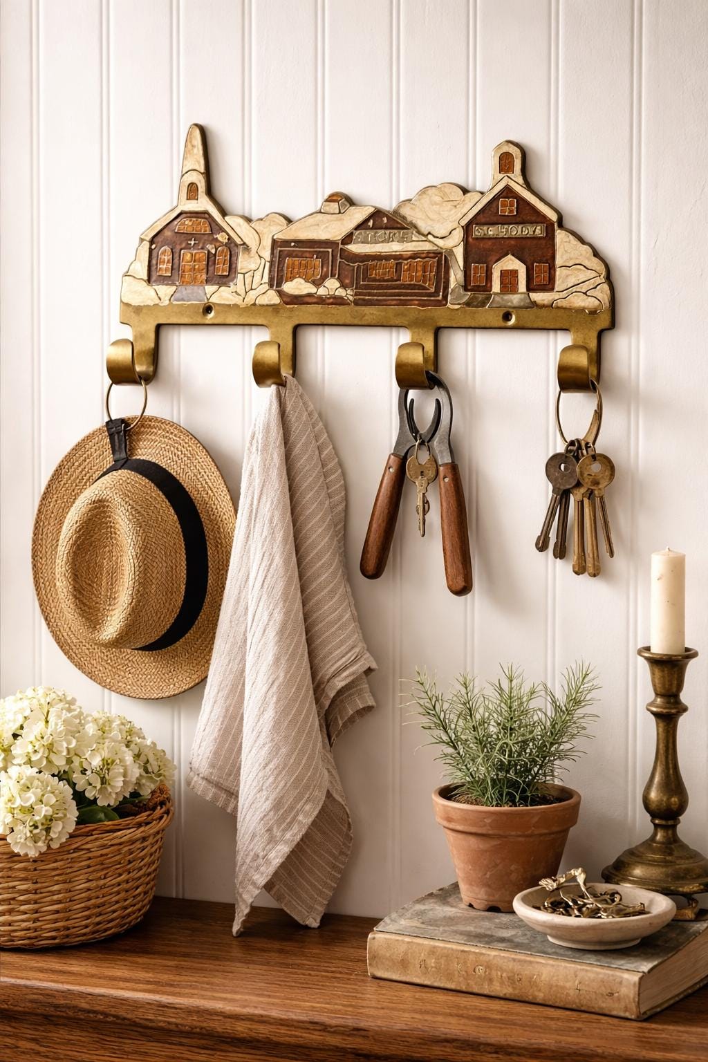 Vintage coat key hook brass enamel