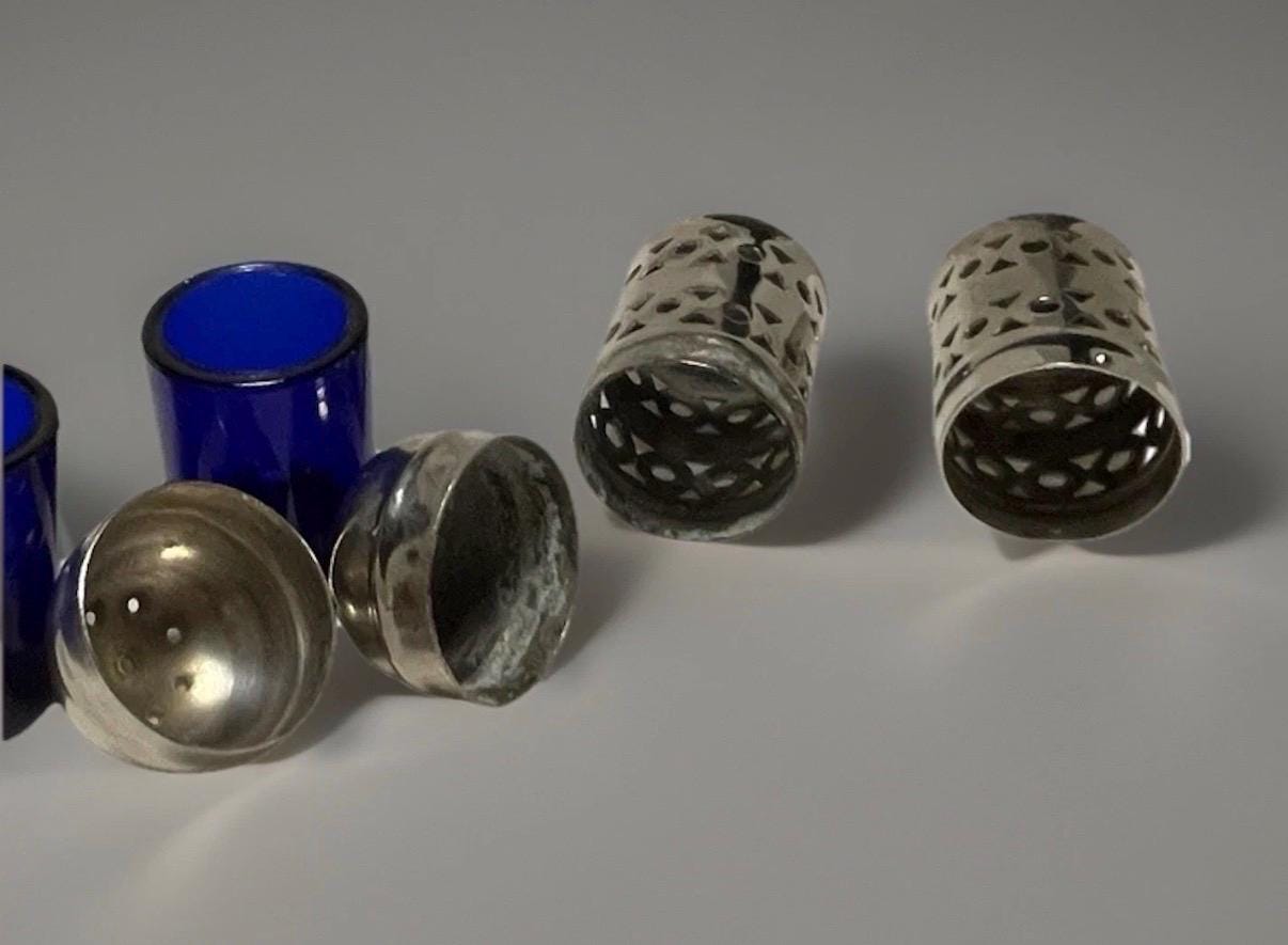 Vintage Silver Plated Salt & Pepper Shakers  Apex England Cobalt Blue Geometric Design