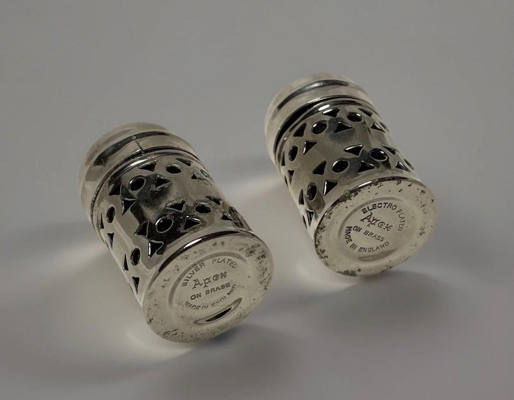 Vintage Silver Plated Salt & Pepper Shakers  Apex England Cobalt Blue Geometric Design