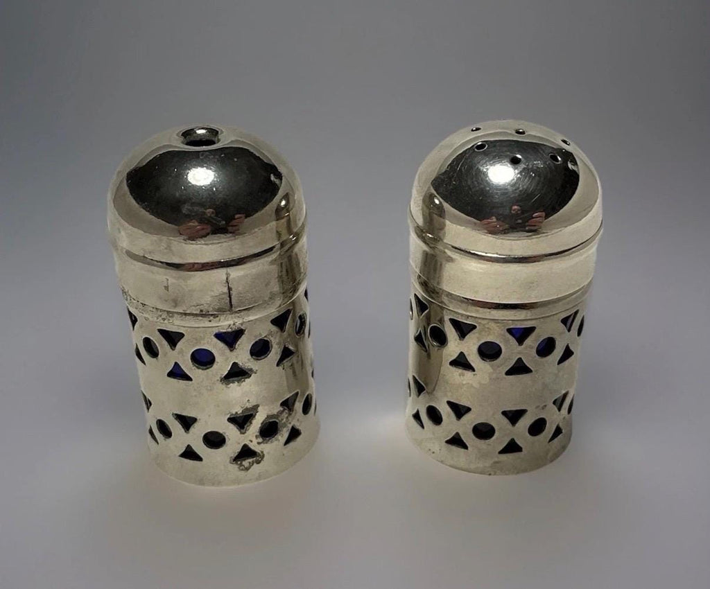 Vintage Silver Plated Salt & Pepper Shakers  Apex England Cobalt Blue Geometric Design