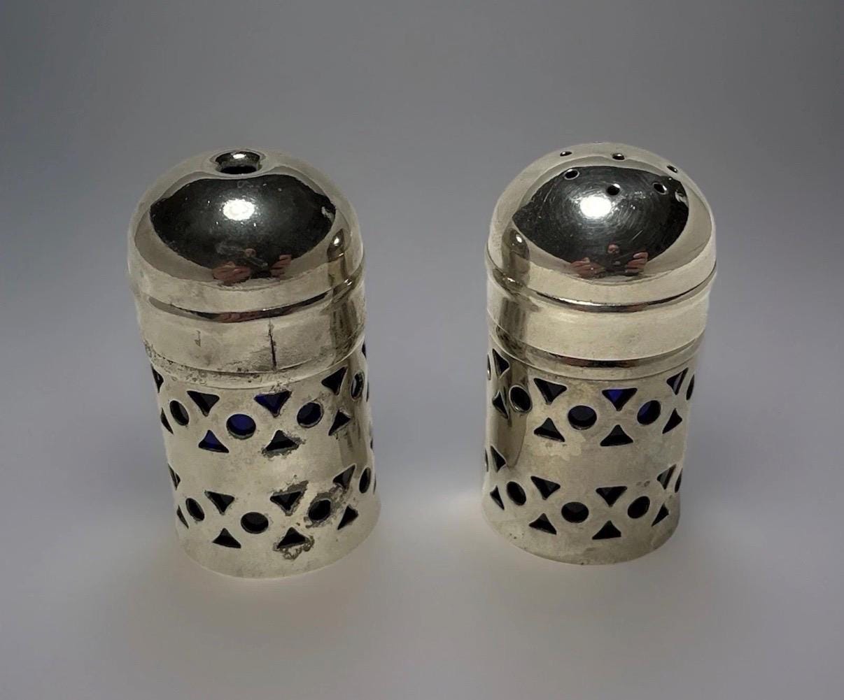 Vintage Silver Plated Salt & Pepper Shakers  Apex England Cobalt Blue Geometric Design