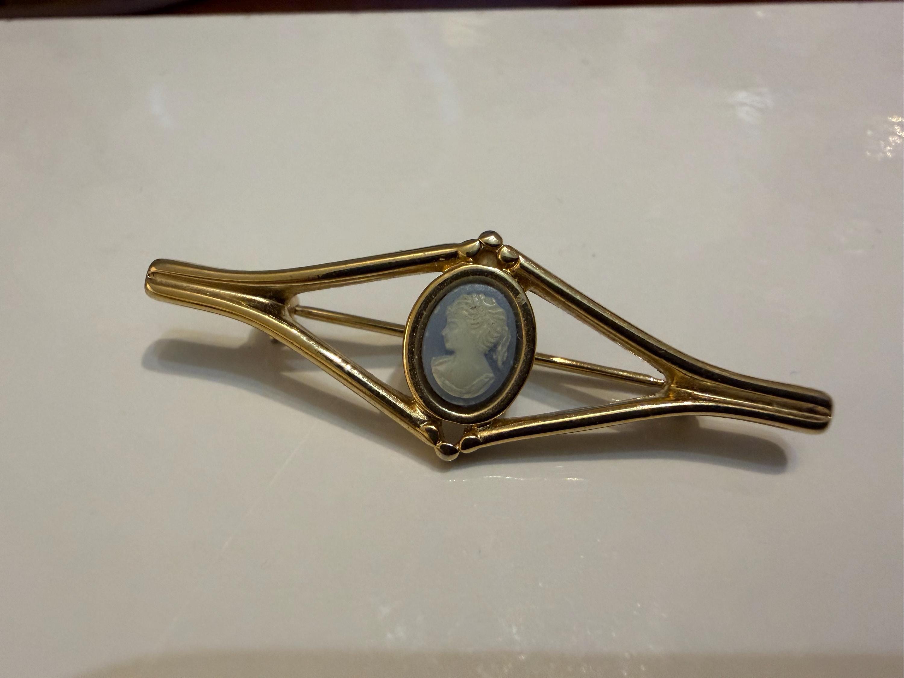 Vintage Cameo Style Brooch  Blue & White Classical Portrait Bar Brooch, Gold Tone Setting