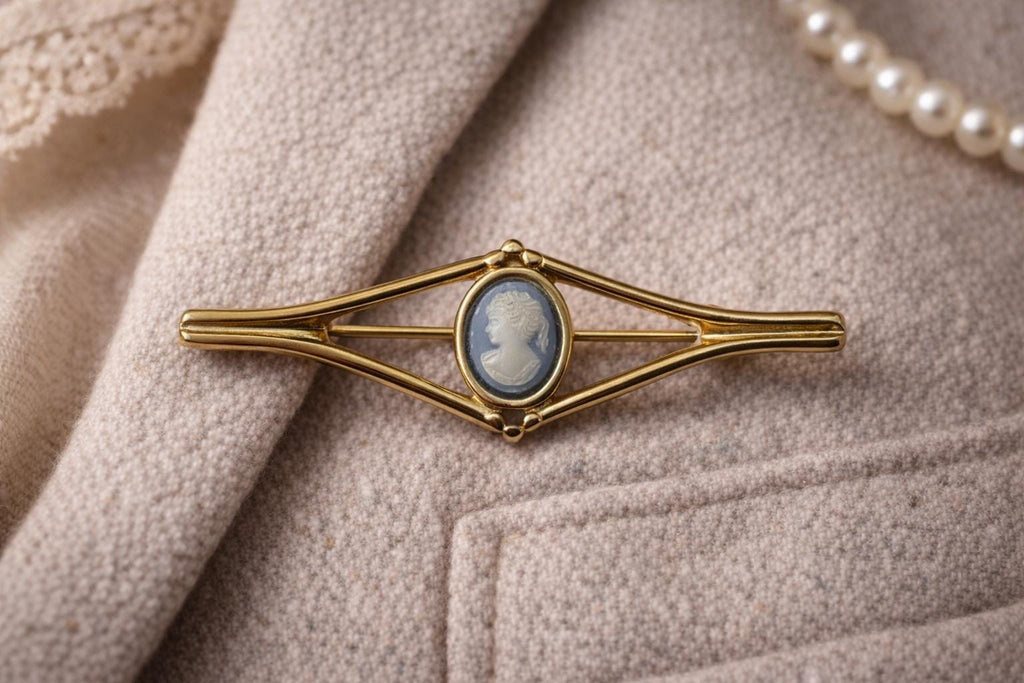 Vintage Cameo Style Brooch  Blue & White Classical Portrait Bar Brooch, Gold Tone Setting