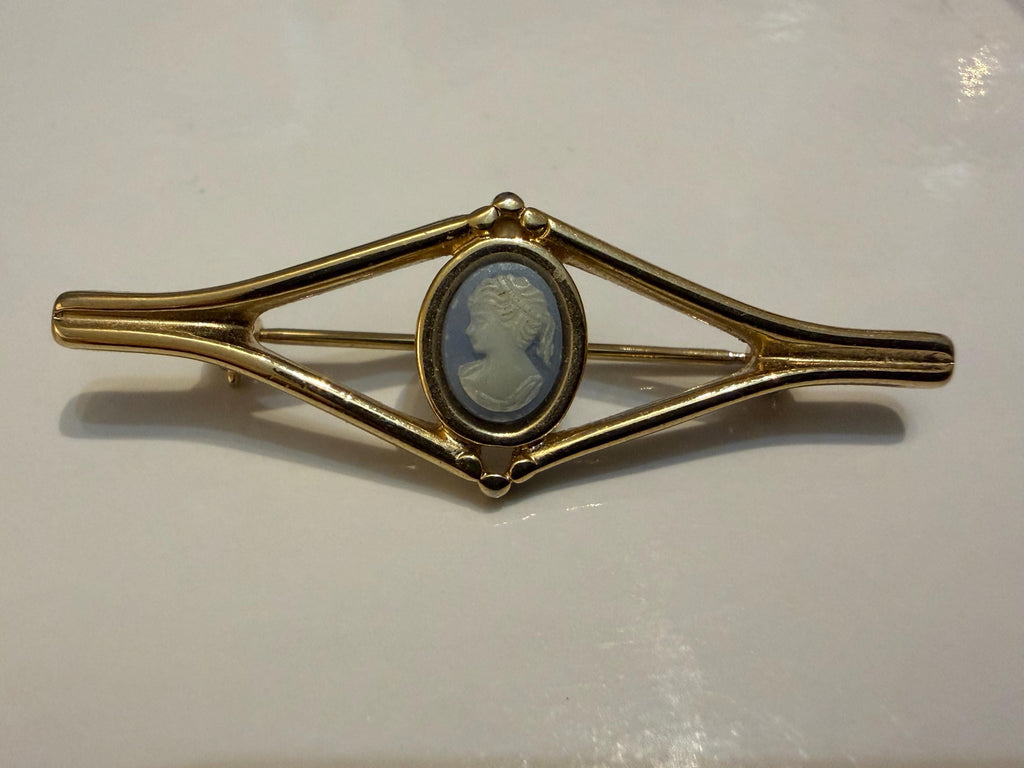 Vintage Cameo Style Brooch  Blue & White Classical Portrait Bar Brooch, Gold Tone Setting
