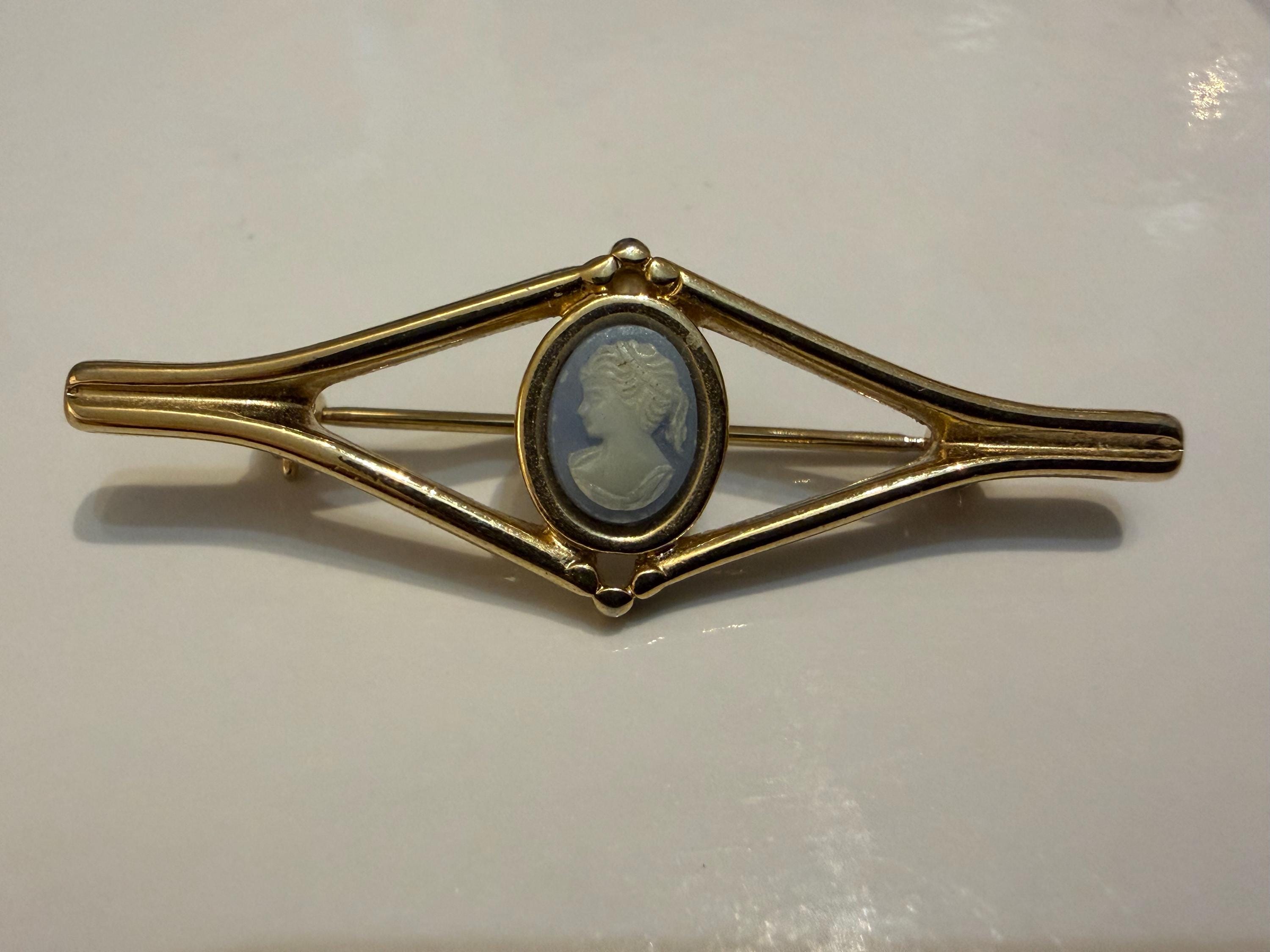 Vintage Cameo Style Brooch  Blue & White Classical Portrait Bar Brooch, Gold Tone Setting