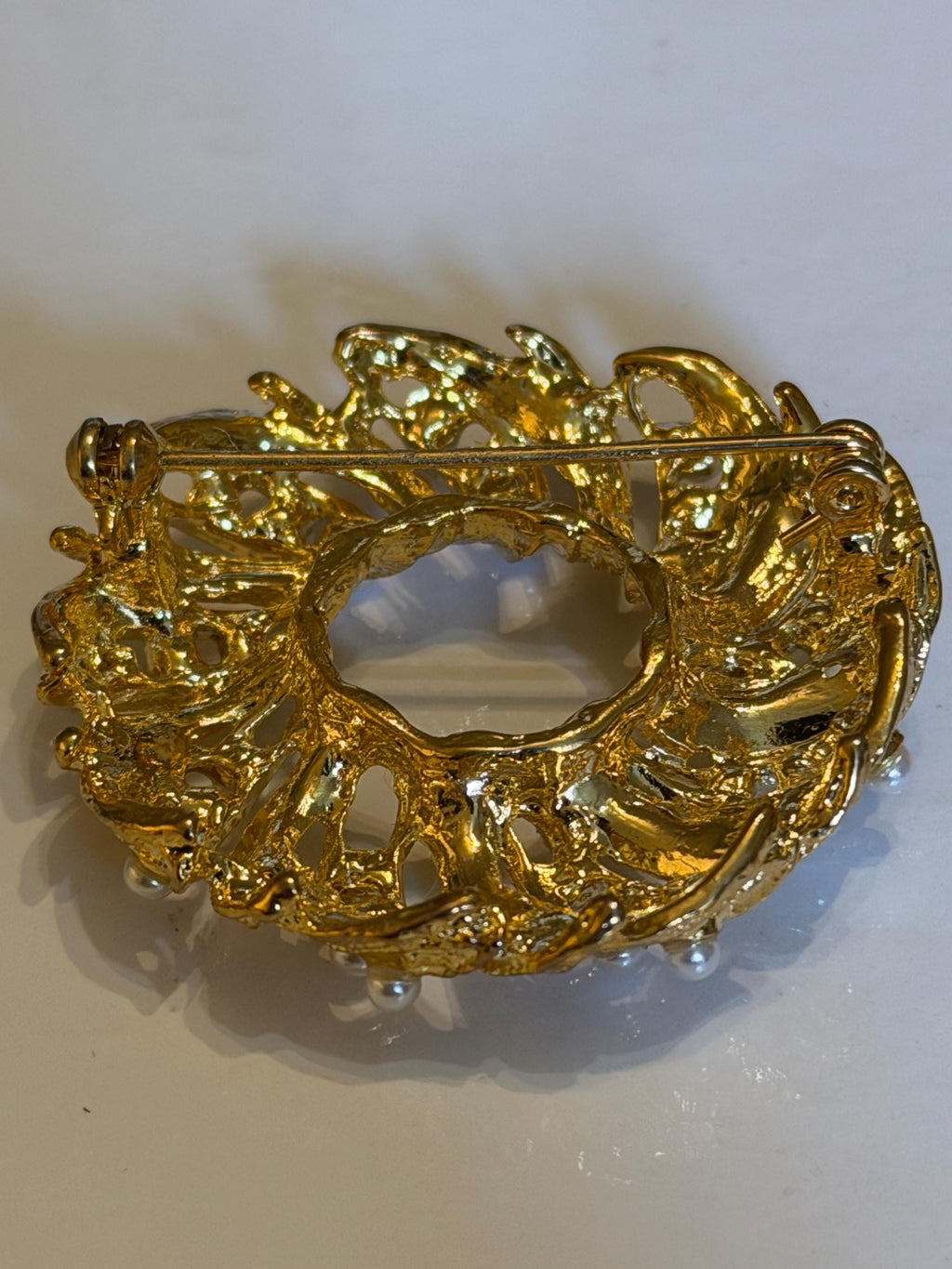 Vintage Gold Tone Wreath Brooch  Faux Pearl Leaf Pin, Costume Jewelry