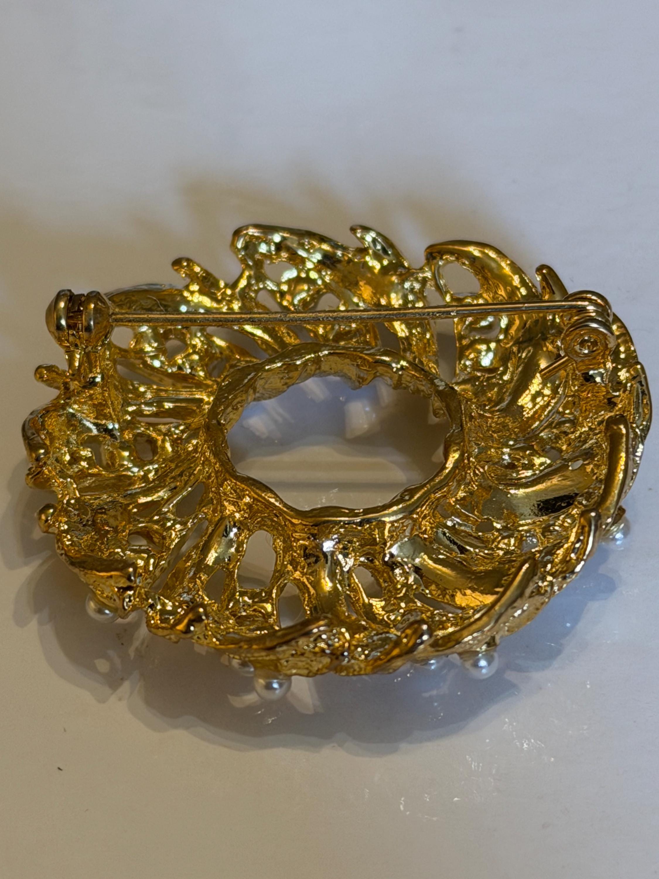 Vintage Gold Tone Wreath Brooch  Faux Pearl Leaf Pin, Costume Jewelry