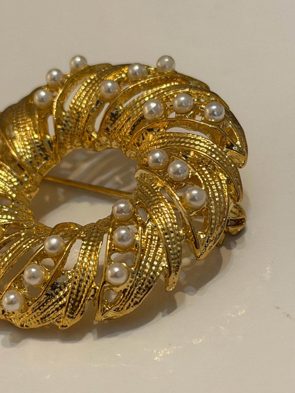 Vintage Gold Tone Wreath Brooch  Faux Pearl Leaf Pin, Costume Jewelry