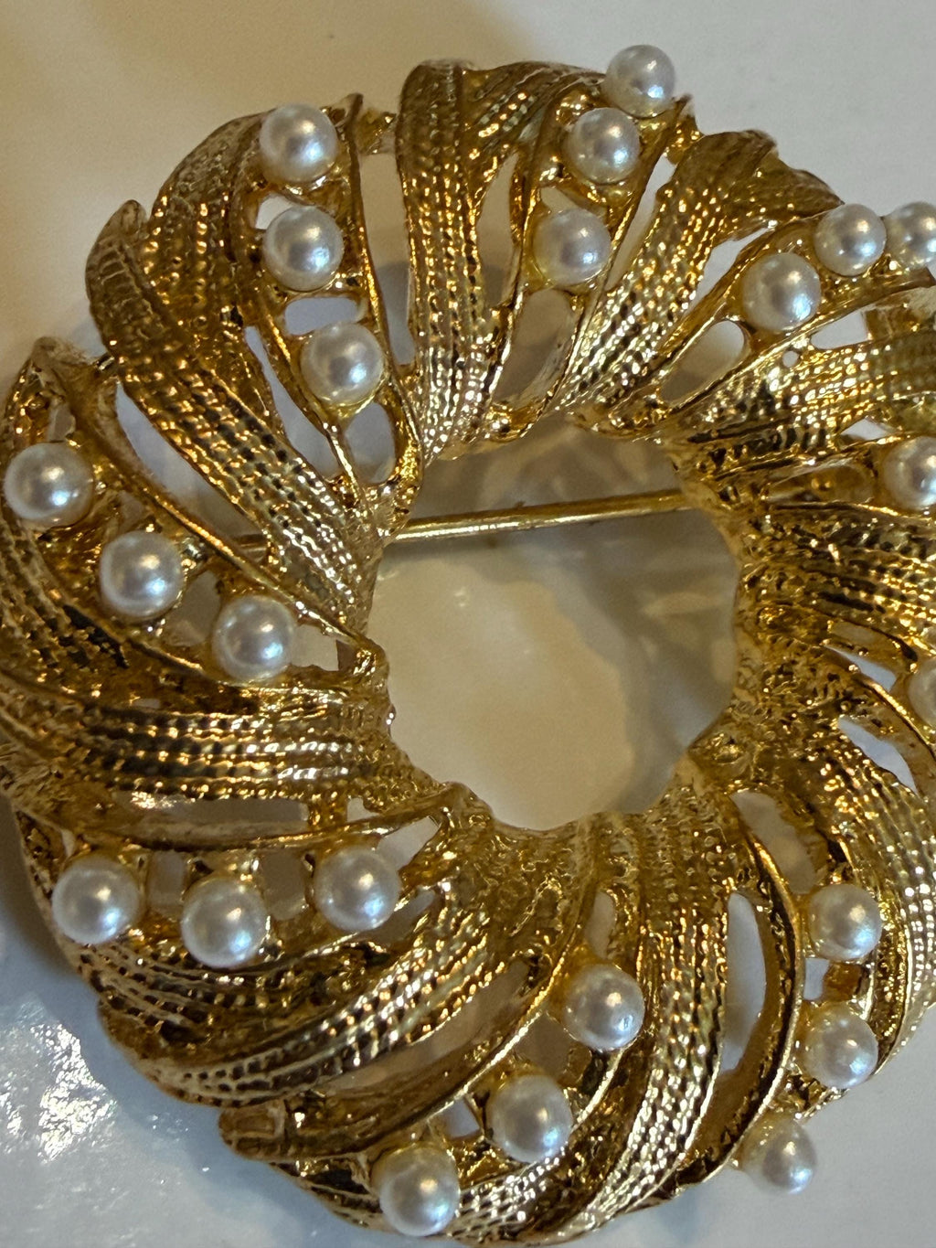 Vintage Gold Tone Wreath Brooch  Faux Pearl Leaf Pin, Costume Jewelry