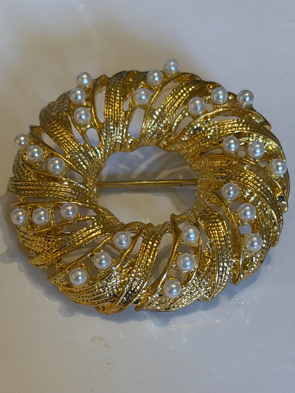 Vintage Gold Tone Wreath Brooch  Faux Pearl Leaf Pin, Costume Jewelry