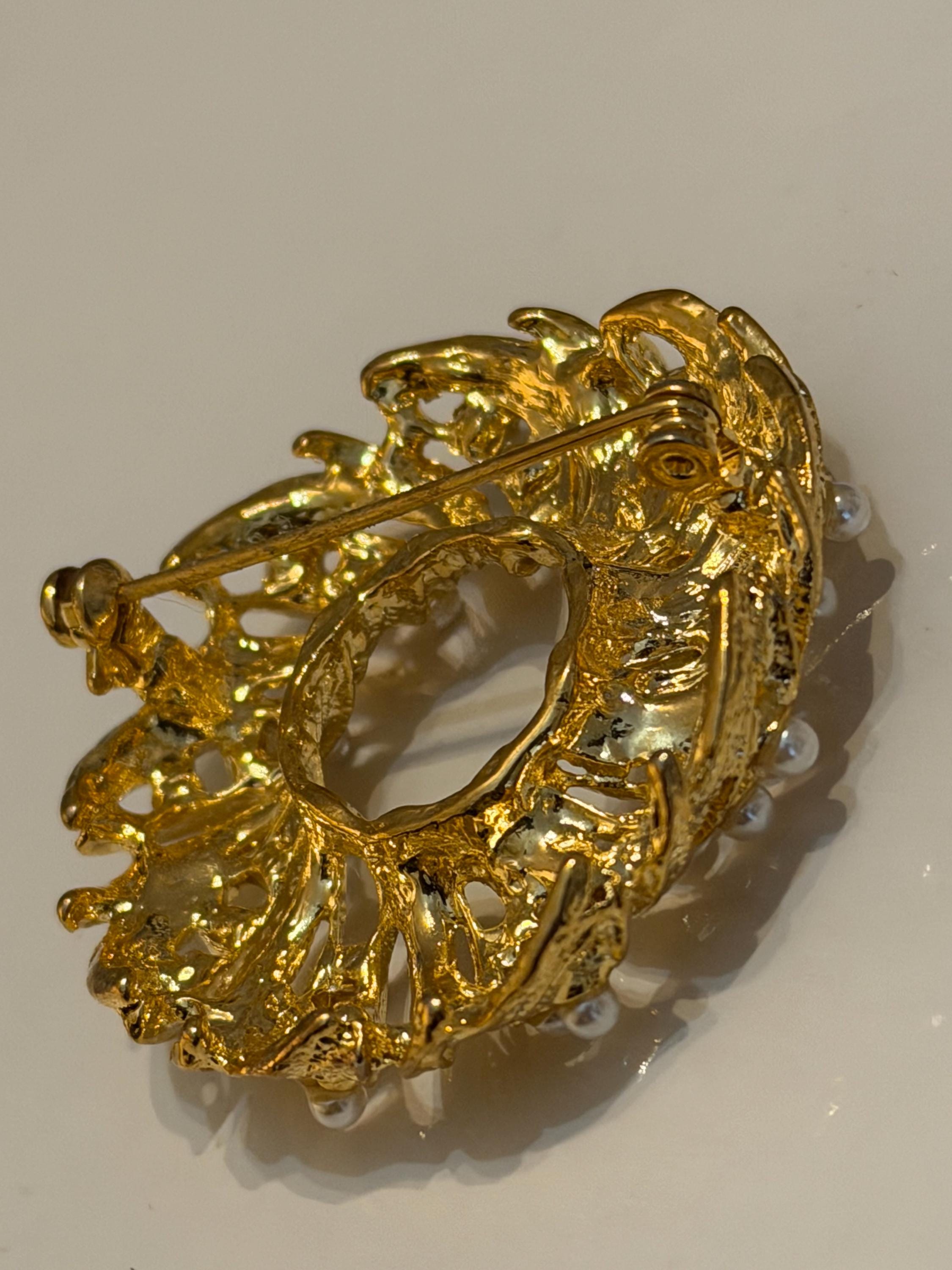 Vintage Gold Tone Wreath Brooch  Faux Pearl Leaf Pin, Costume Jewelry