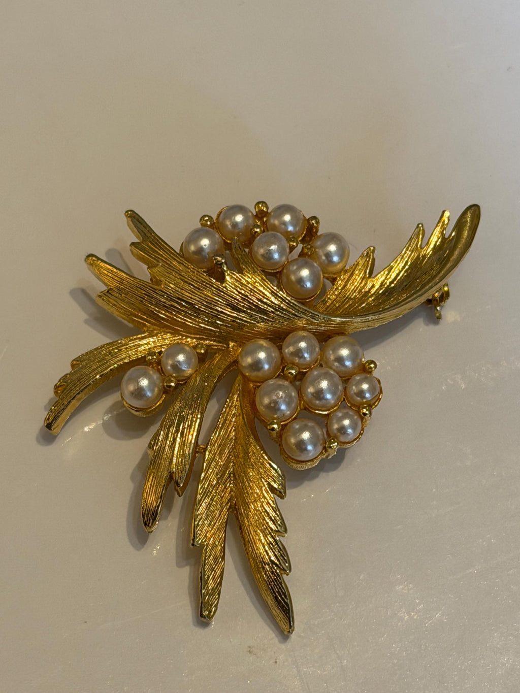 Vintage Gold Tone Leaf Brooch  Faux Pearl Botanical Spray Pin