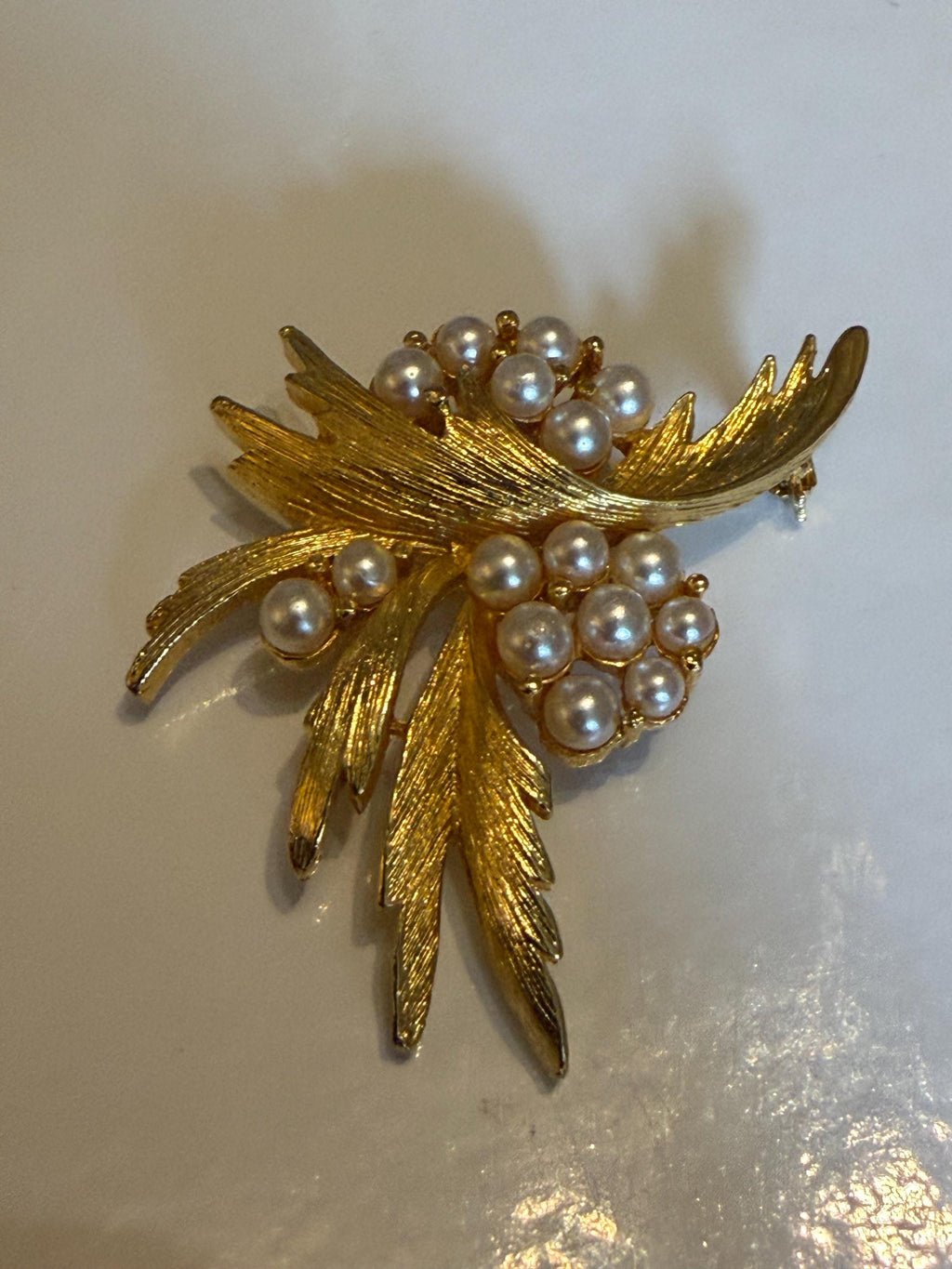 Vintage Gold Tone Leaf Brooch  Faux Pearl Botanical Spray Pin