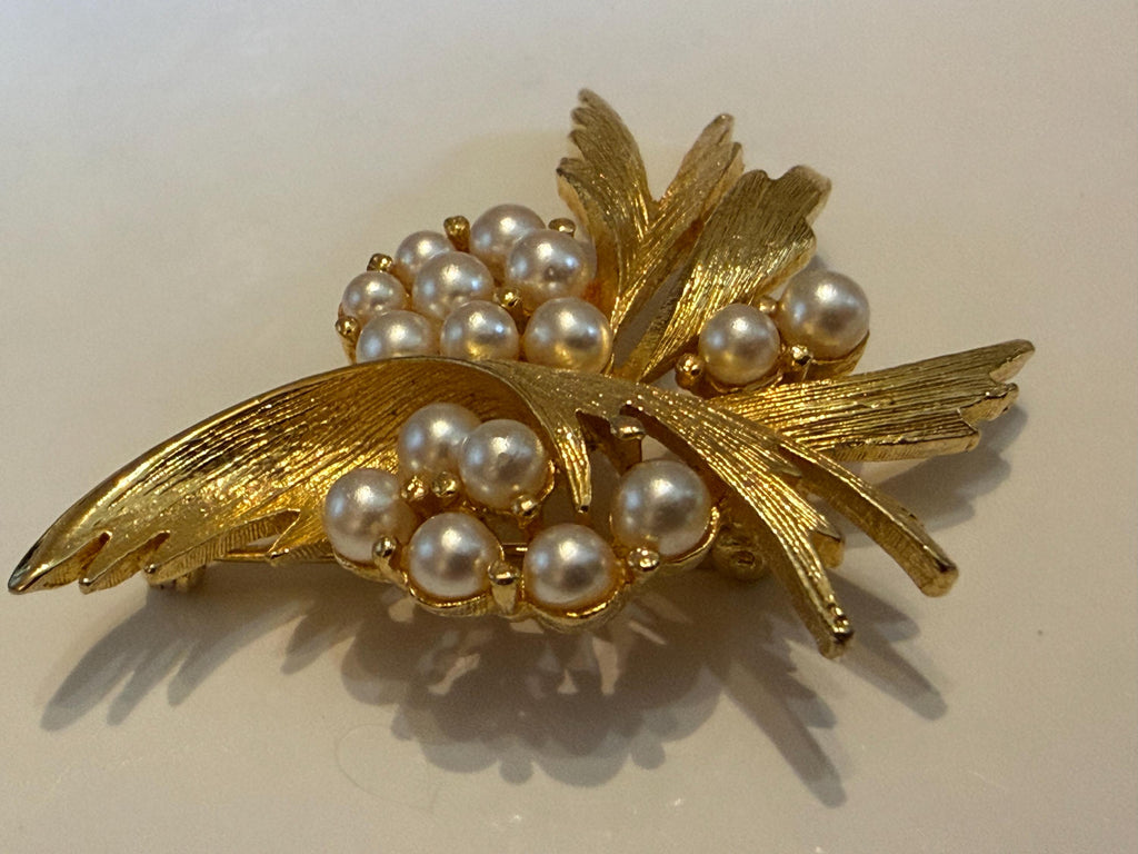 Vintage Gold Tone Leaf Brooch  Faux Pearl Botanical Spray Pin