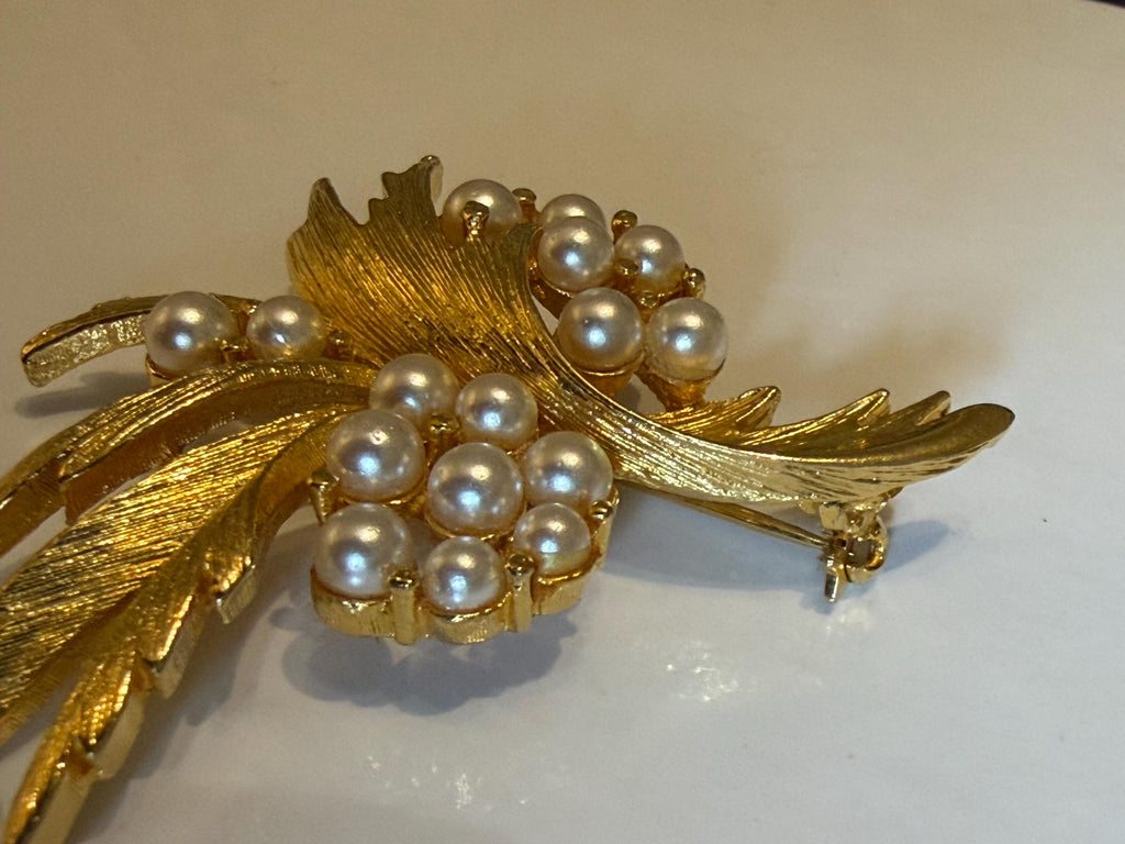 Vintage Gold Tone Leaf Brooch  Faux Pearl Botanical Spray Pin