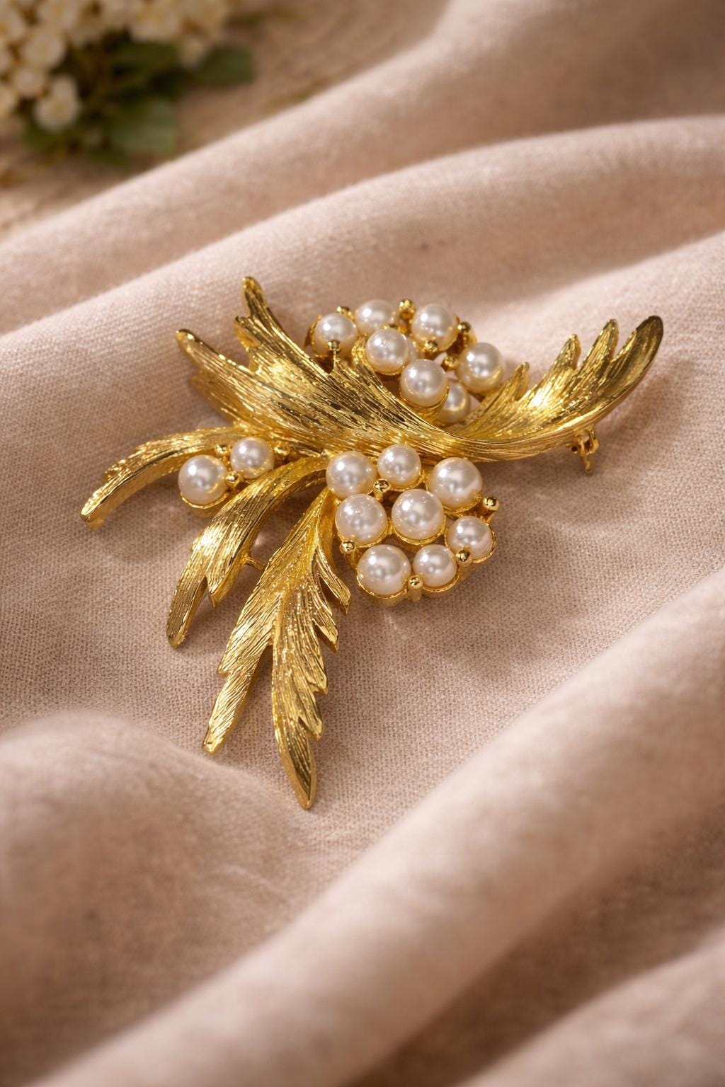 Vintage Gold Tone Leaf Brooch  Faux Pearl Botanical Spray Pin