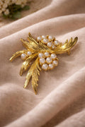 Vintage Gold Tone Leaf Brooch  Faux Pearl Botanical Spray Pin