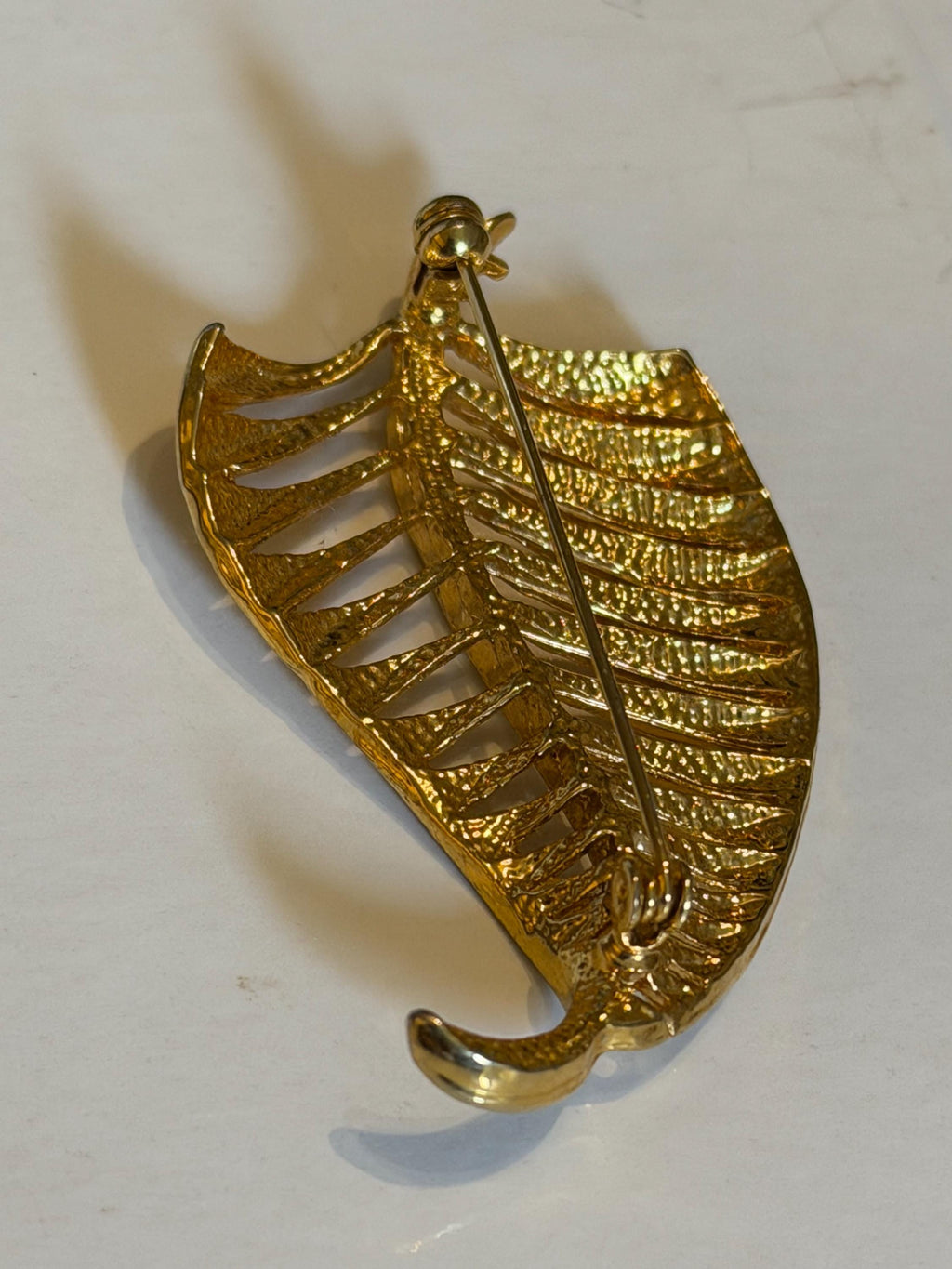 Vintage Gold Tone Openwork Leaf Brooch  Large Botanical Statement Pin, Textured Vein Design
