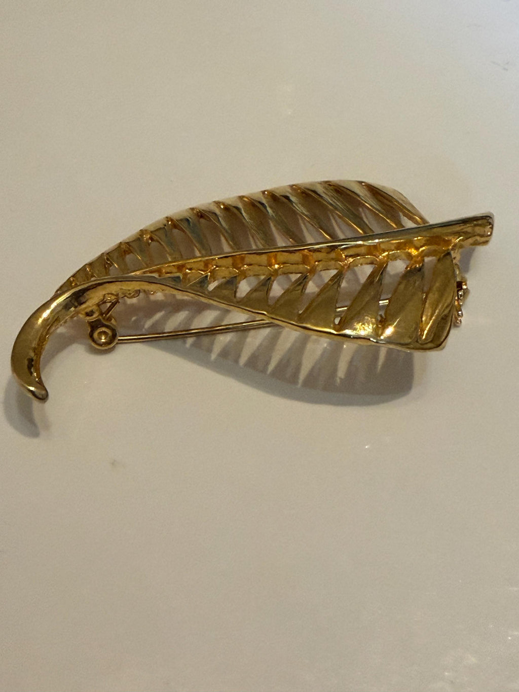 Vintage Gold Tone Openwork Leaf Brooch  Large Botanical Statement Pin, Textured Vein Design