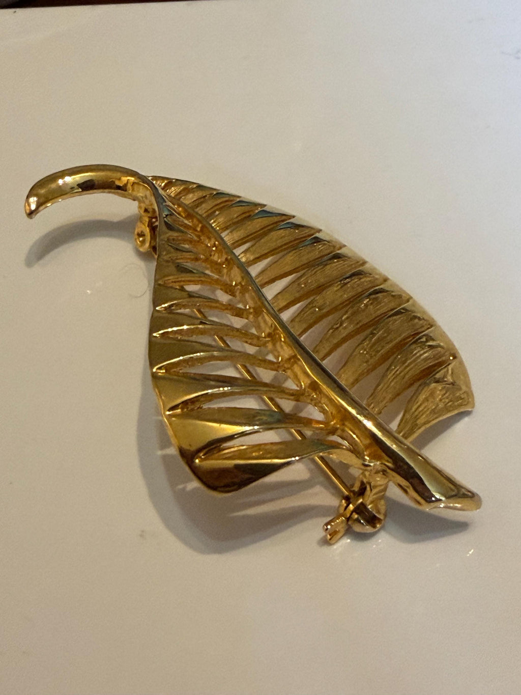 Vintage Gold Tone Openwork Leaf Brooch  Large Botanical Statement Pin, Textured Vein Design