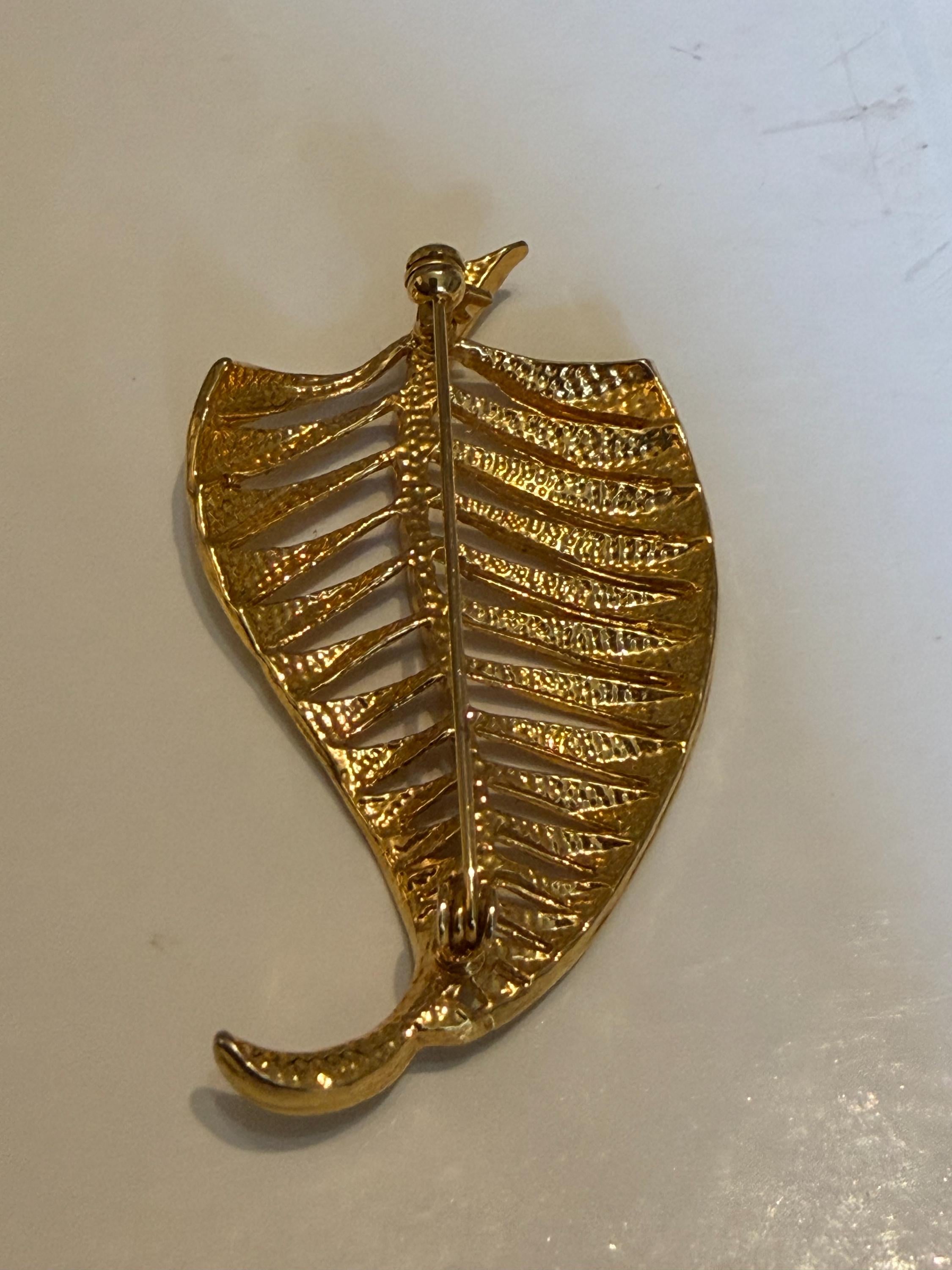 Vintage Gold Tone Openwork Leaf Brooch  Large Botanical Statement Pin, Textured Vein Design