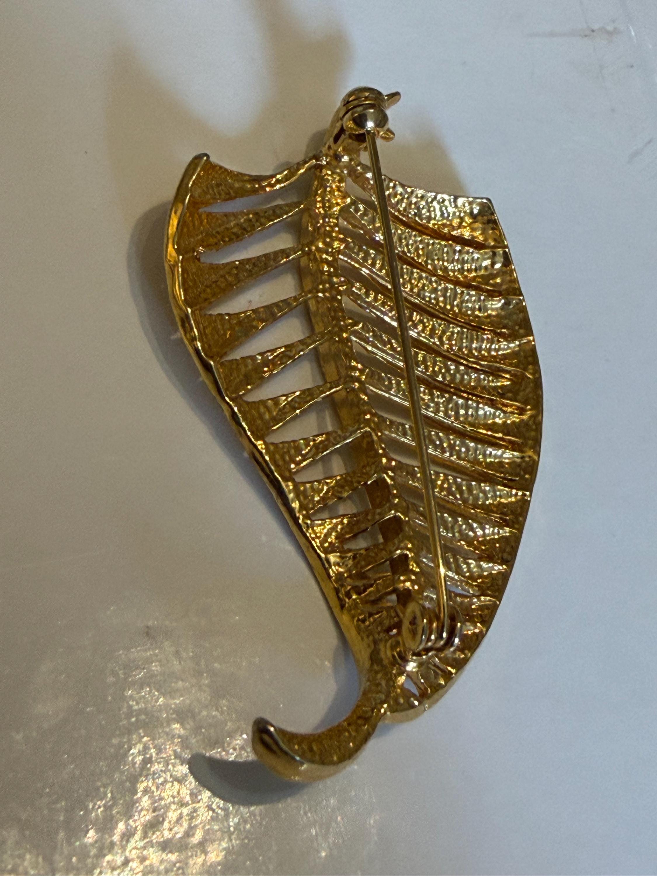 Vintage Gold Tone Openwork Leaf Brooch  Large Botanical Statement Pin, Textured Vein Design