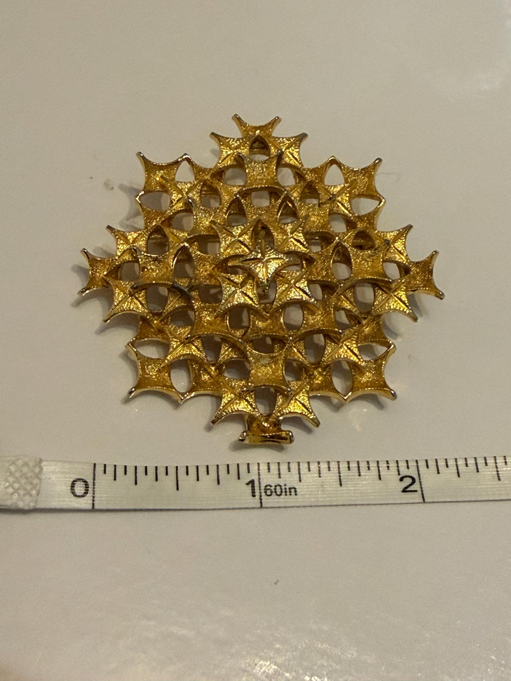 Vintage Gold Tone Starburst Openwork Brooch  Geometric Lattice Statement Pin, Mid Century Costume Jewellery