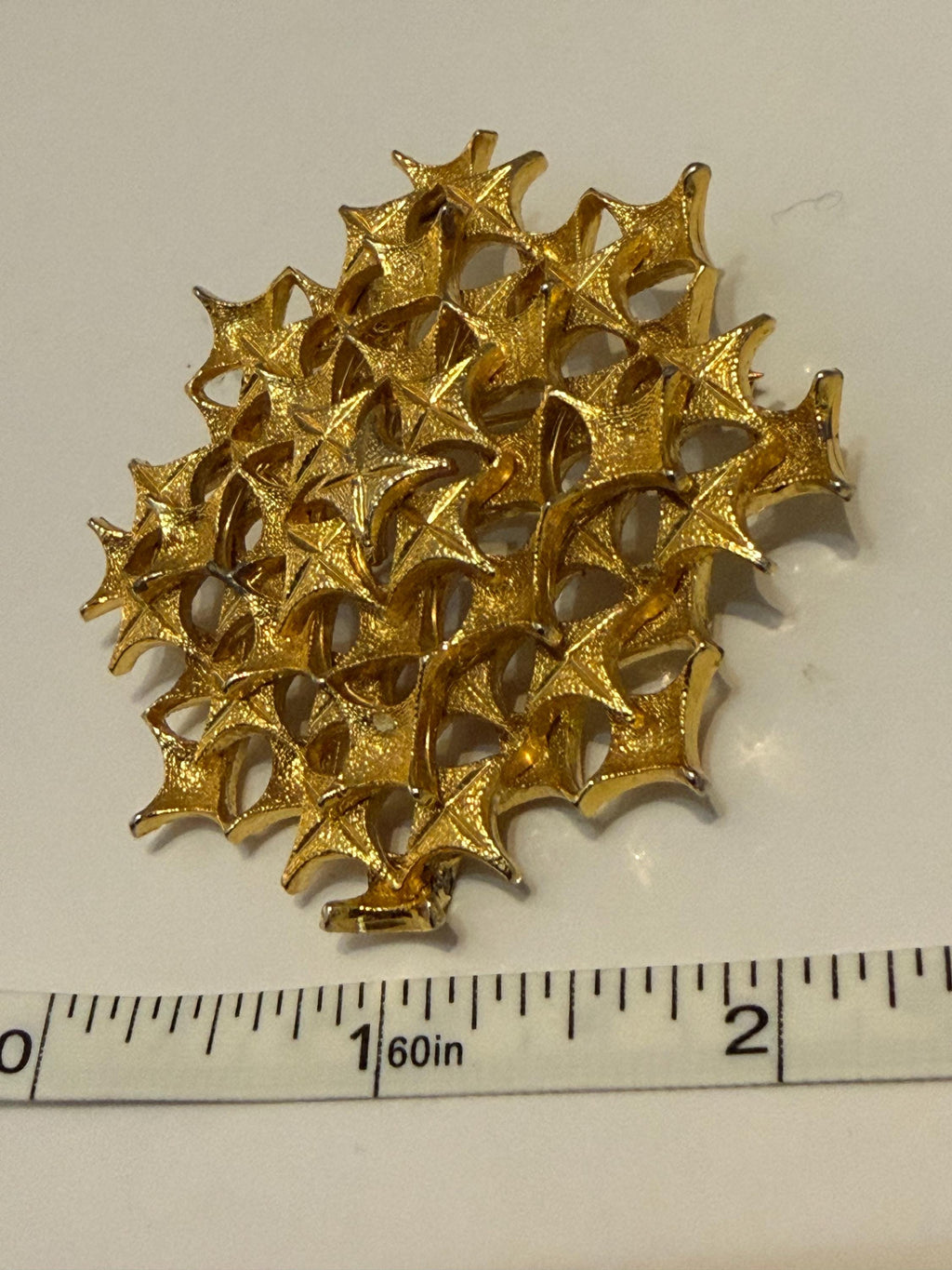Vintage Gold Tone Starburst Openwork Brooch  Geometric Lattice Statement Pin, Mid Century Costume Jewellery