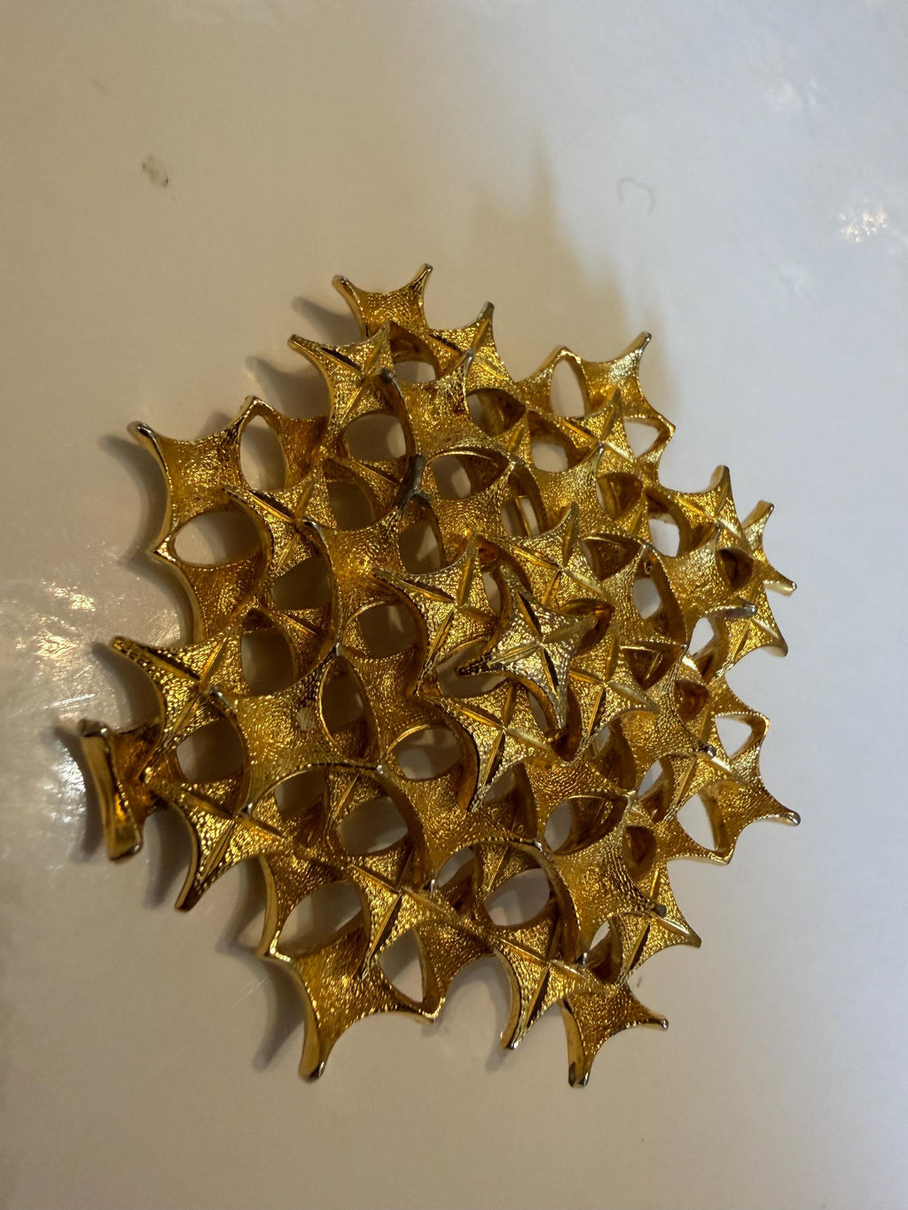 Vintage Gold Tone Starburst Openwork Brooch  Geometric Lattice Statement Pin, Mid Century Costume Jewellery