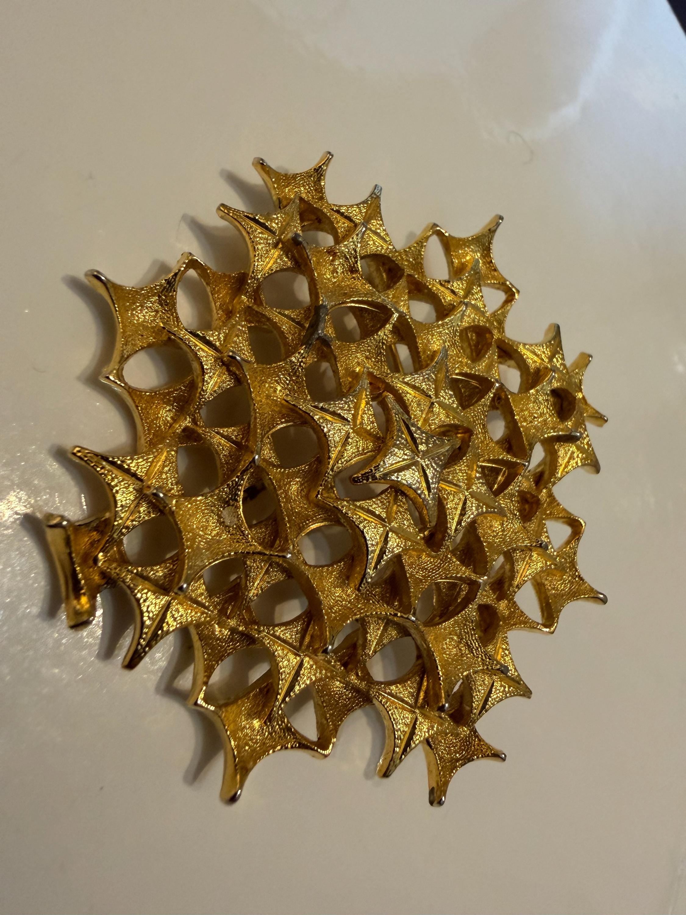 Vintage Gold Tone Starburst Openwork Brooch  Geometric Lattice Statement Pin, Mid Century Costume Jewellery