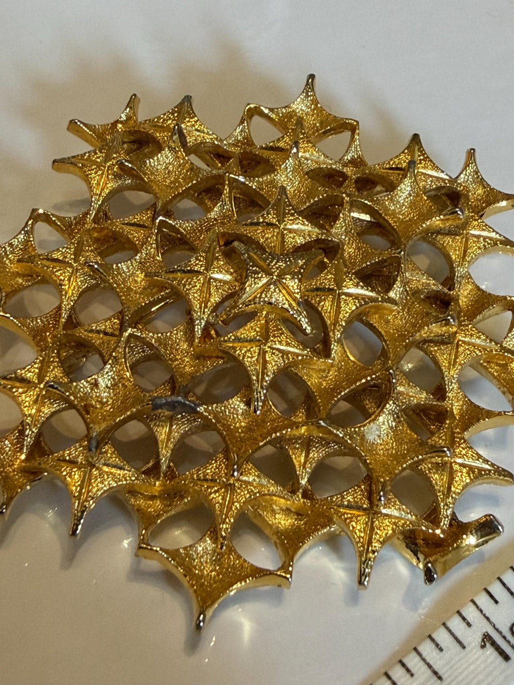 Vintage Gold Tone Starburst Openwork Brooch  Geometric Lattice Statement Pin, Mid Century Costume Jewellery