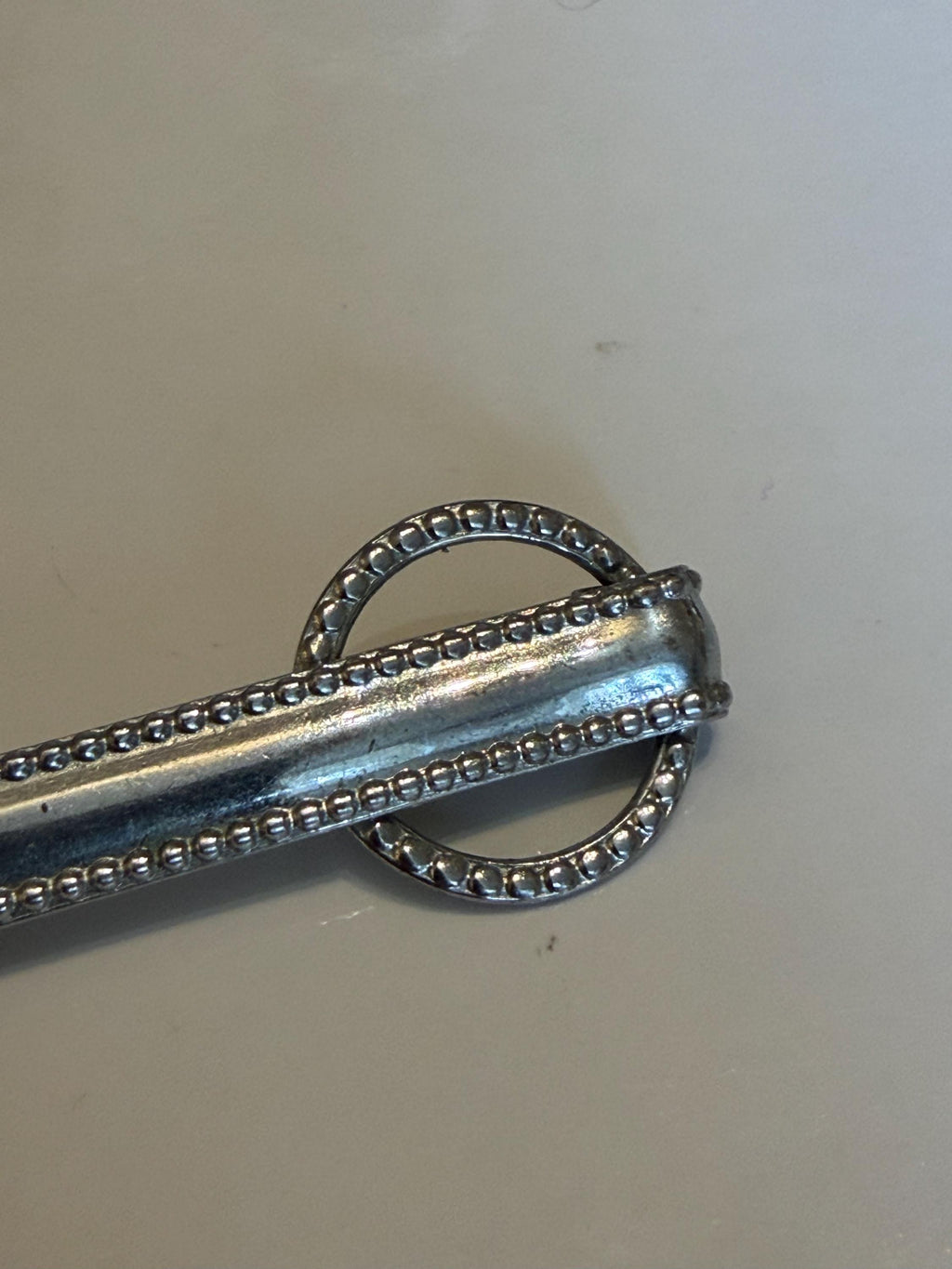 Vintage Silver Tone Bar Brooch  Beaded Edge, Open Ring Accent