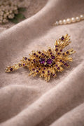 Vintage Gold Tone Starburst Brooch  Purple Rhinestone Floral Pin