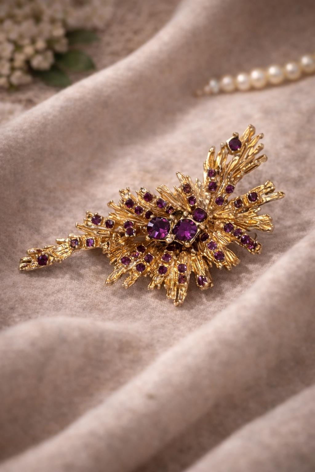 Vintage Gold Tone Starburst Brooch  Purple Rhinestone Floral Pin