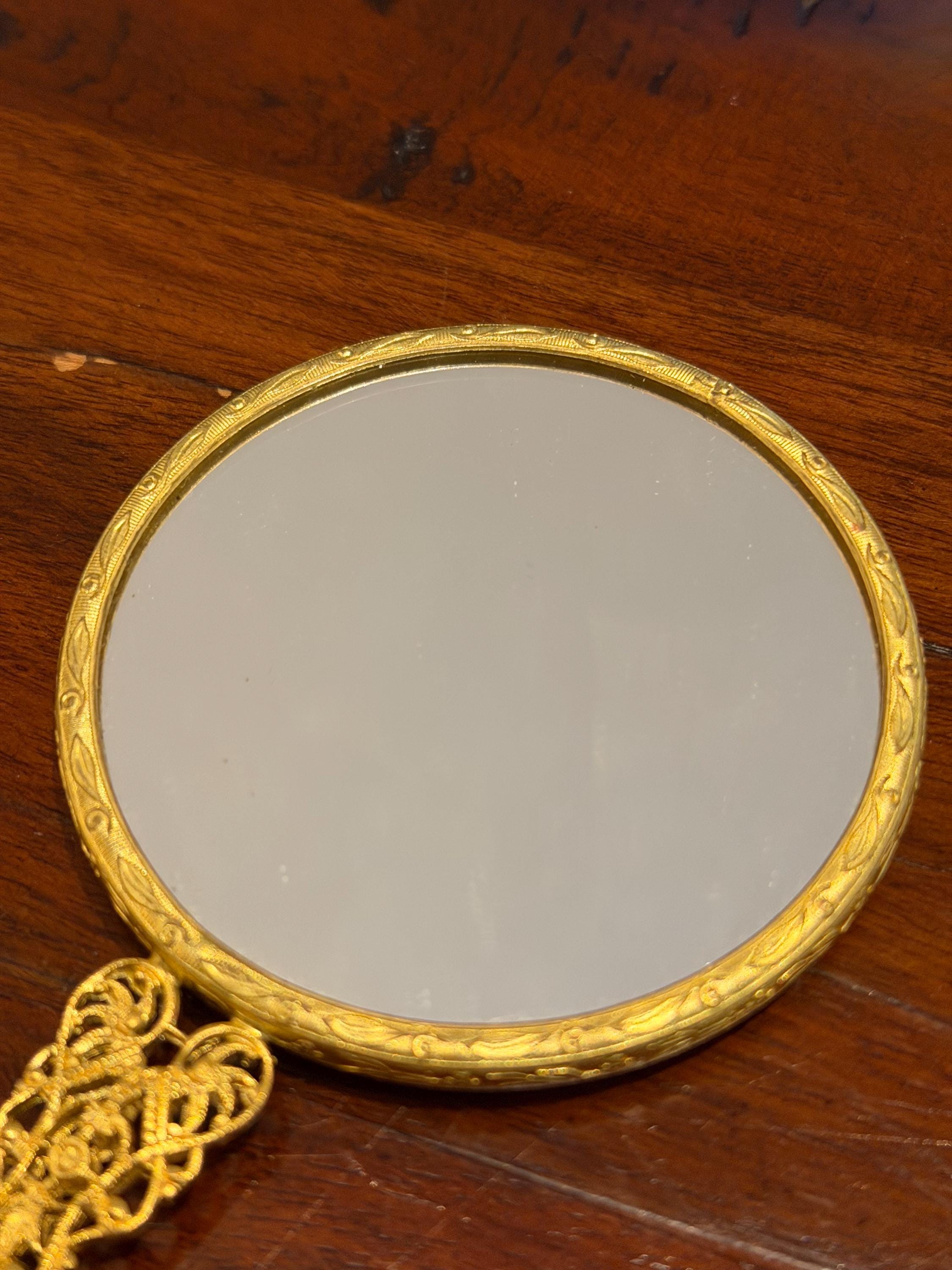 Vintage Gold Tone Hand Mirror  Floral Tapestry, Filigree Handle