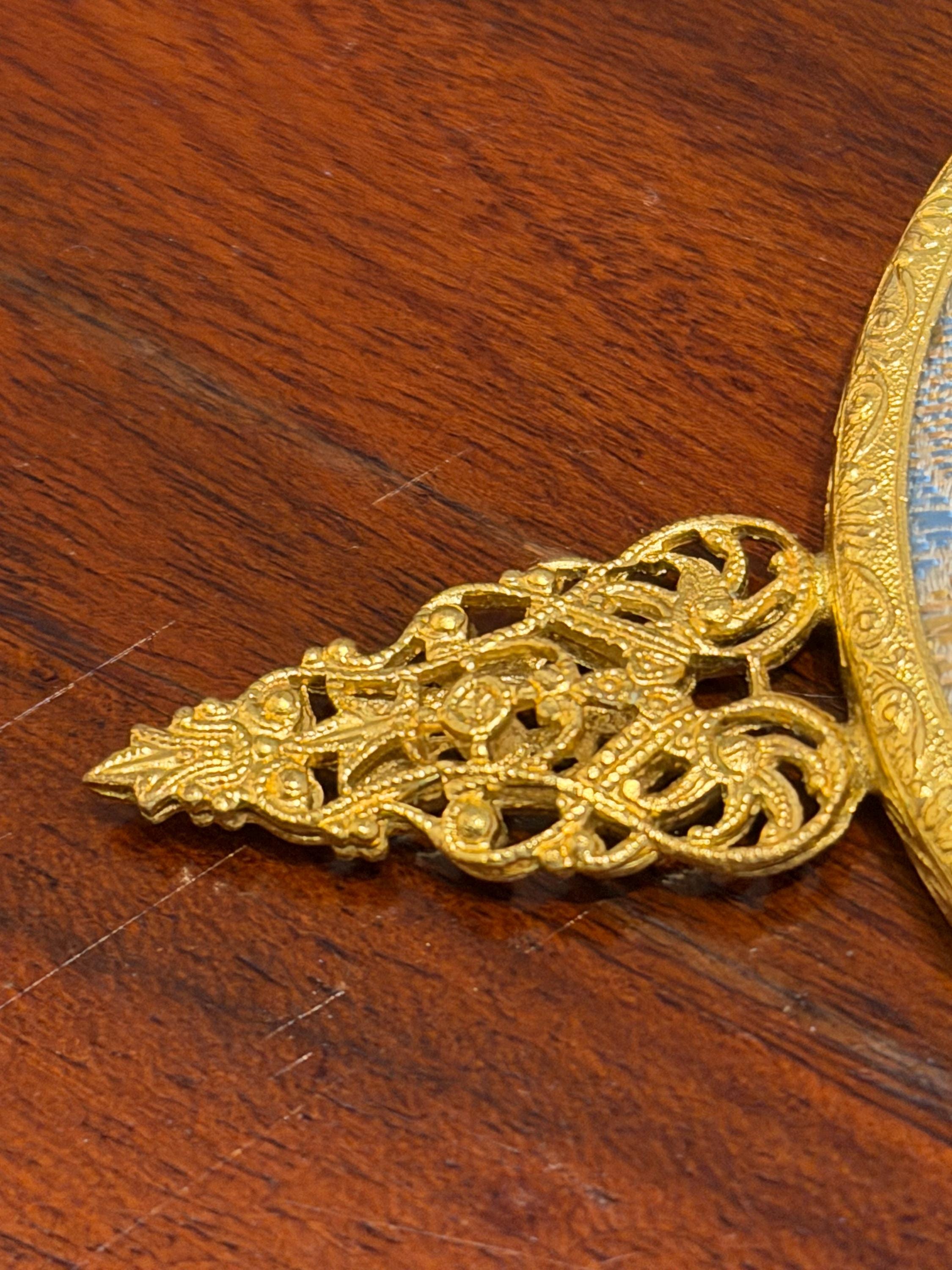 Vintage Gold Tone Hand Mirror  Floral Tapestry, Filigree Handle