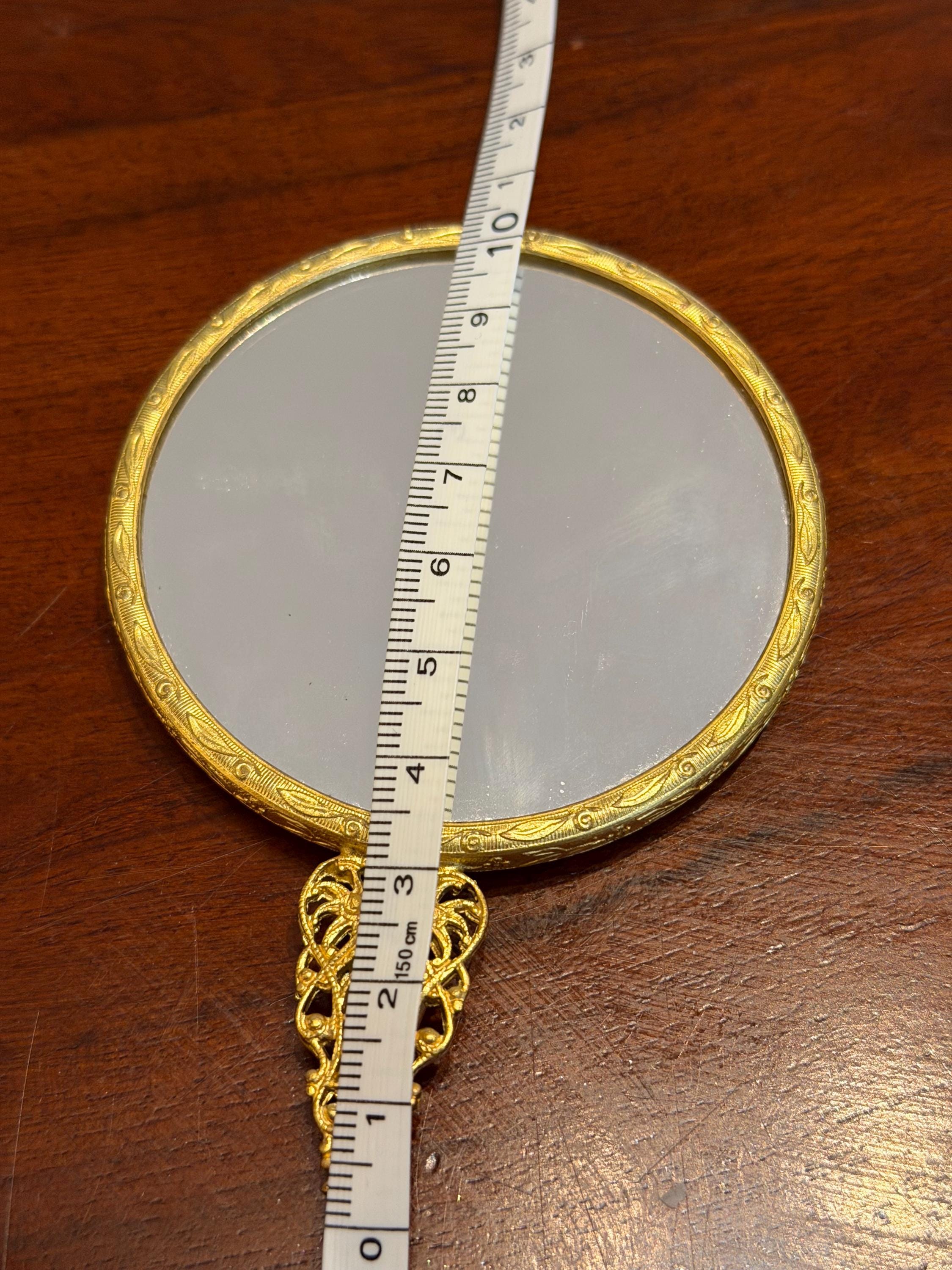 Vintage Gold Tone Hand Mirror  Floral Tapestry, Filigree Handle