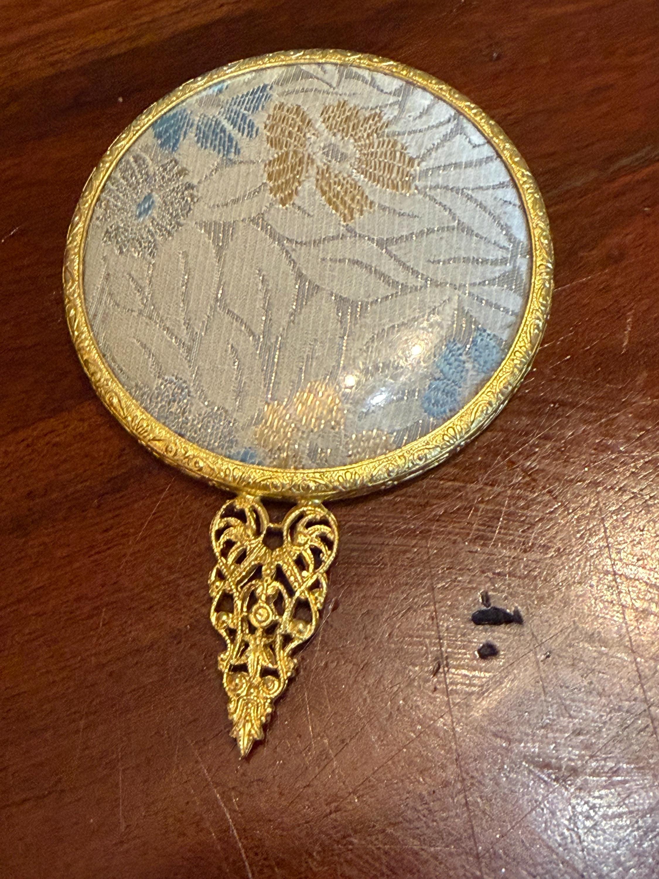 Vintage Gold Tone Hand Mirror  Floral Tapestry, Filigree Handle