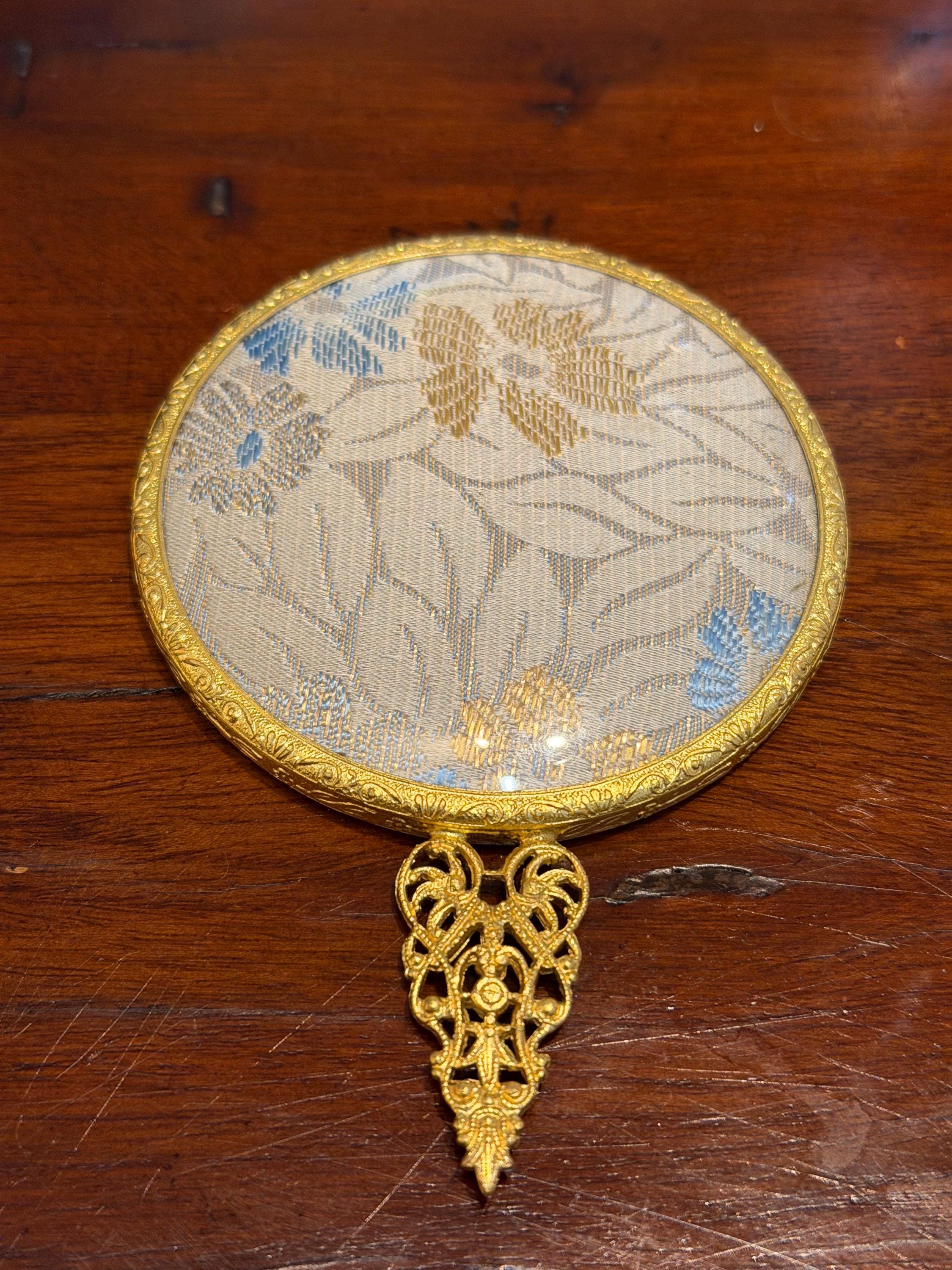 Vintage Gold Tone Hand Mirror  Floral Tapestry, Filigree Handle