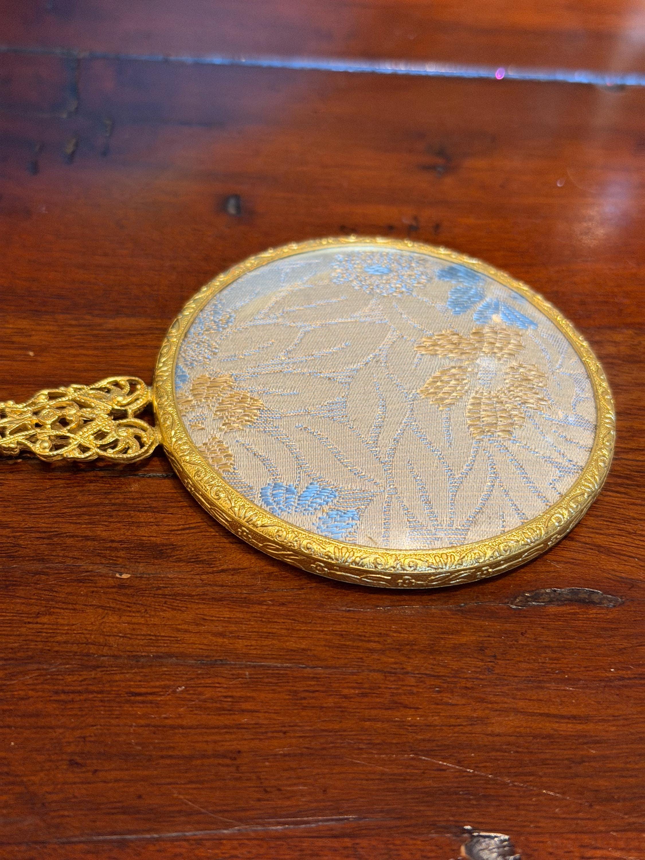 Vintage Gold Tone Hand Mirror  Floral Tapestry, Filigree Handle