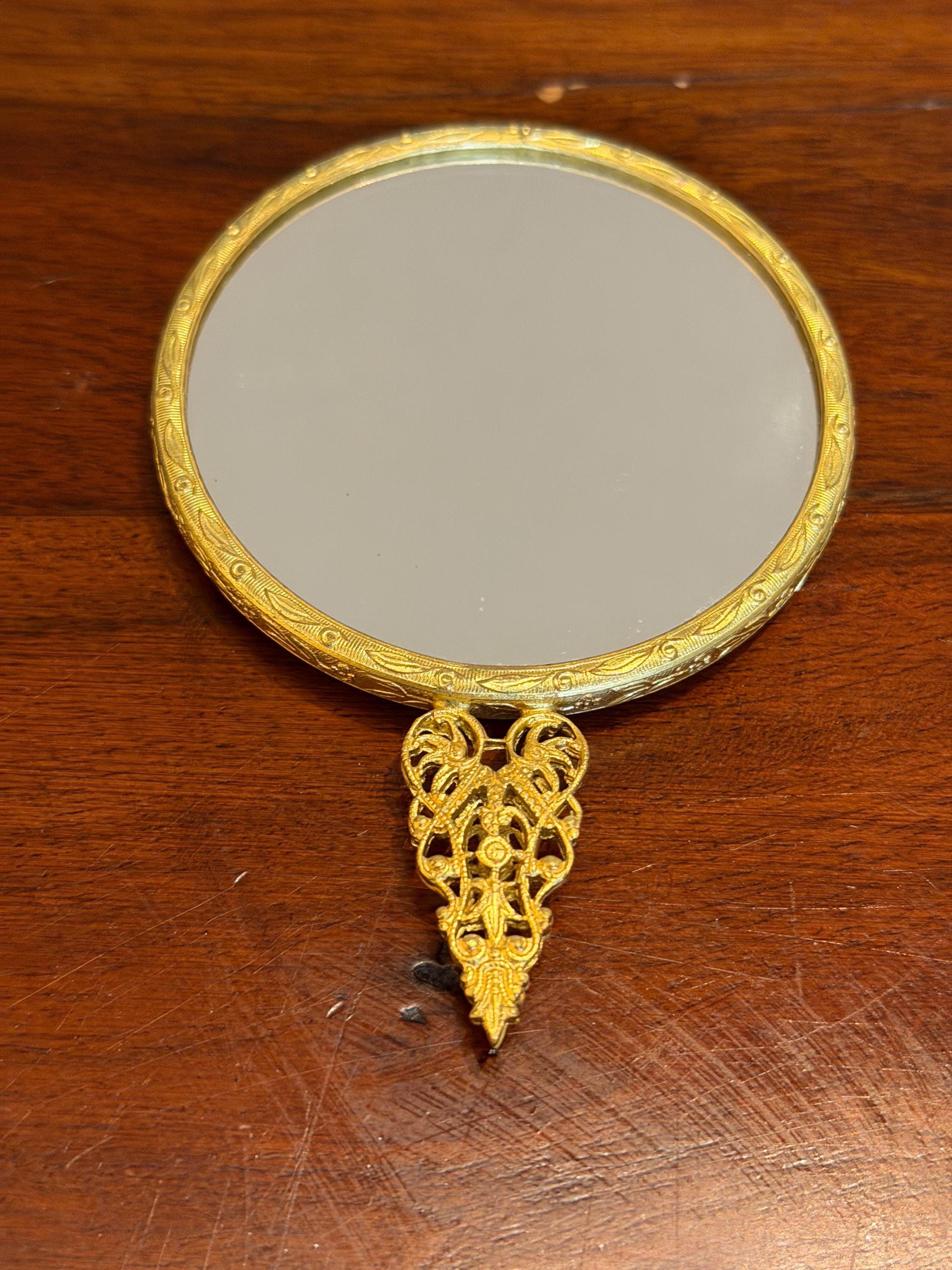 Vintage Gold Tone Hand Mirror  Floral Tapestry, Filigree Handle