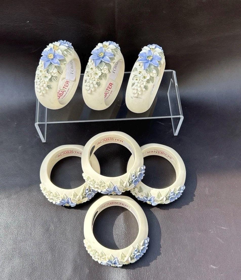 Vintage Alabaster Napkin Rings Set | Hand Carved Floral Tableware, Cottage Garden Decor