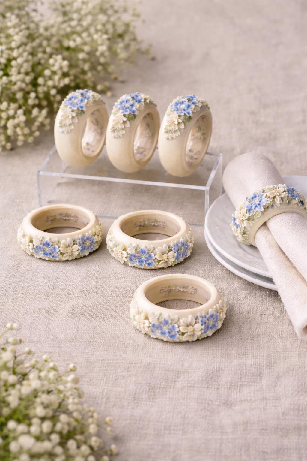 Vintage Alabaster Napkin Rings Set | Hand Carved Floral Tableware, Cottage Garden Decor