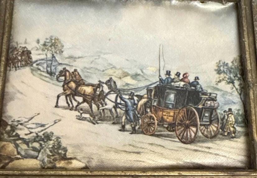 Vintage Silk Prints, Horse Carriage Scenes, Ornate Metal Frames (Set of 2)