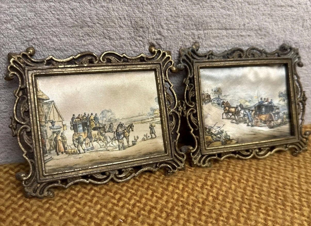 Vintage Silk Prints, Horse Carriage Scenes, Ornate Metal Frames (Set of 2)