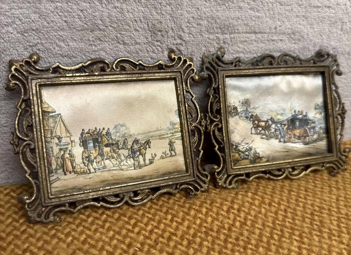 Vintage Silk Prints, Horse Carriage Scenes, Ornate Metal Frames (Set of 2)