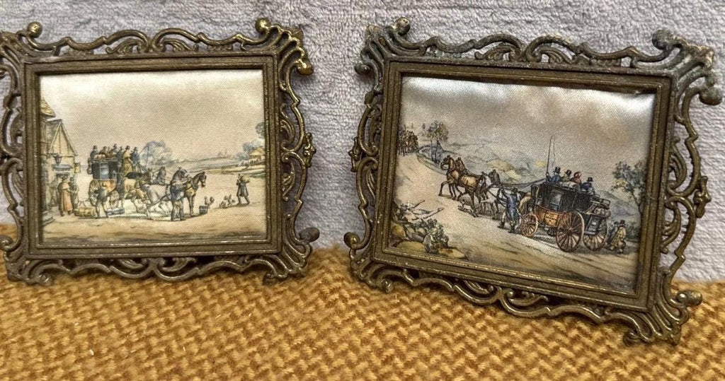 Vintage Silk Prints, Horse Carriage Scenes, Ornate Metal Frames (Set of 2)
